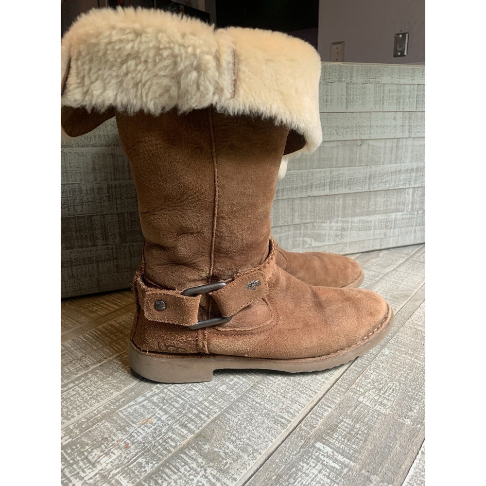 Ugg Braiden Fold Over Cuff Boots Brown Suede Sheepskin Shearling Lined Women's 9